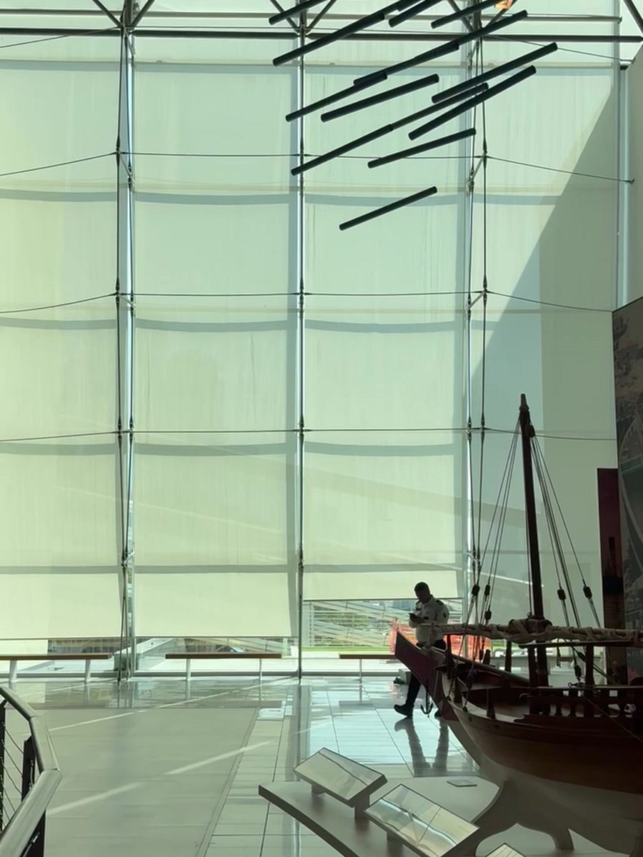Motorised solar shading on the glazed atrium of a cultural building
